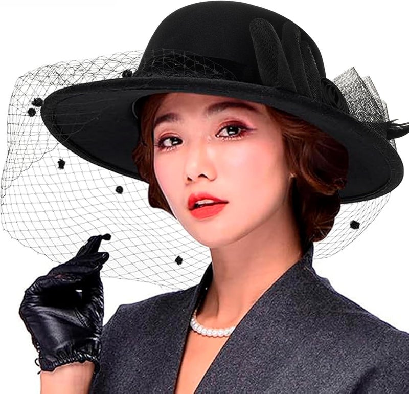 IZUS Women Flower Decor Bowler Fedora Hat with Veil Floppy Brim Felt Church Party Cap Vintage 1920s Elegant Fascinator Hat Small - Image 4